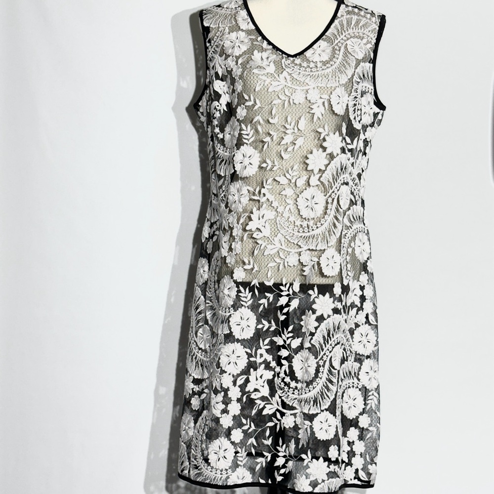 Peter Nygard Womens Slip Overlay Black White Sheer Embroidered Dress - 12
